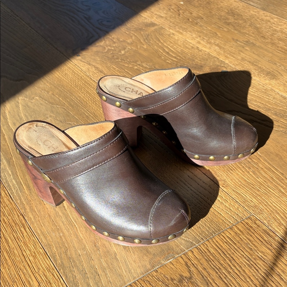 CHANEL - brown leather studded clog heels, size 38.5